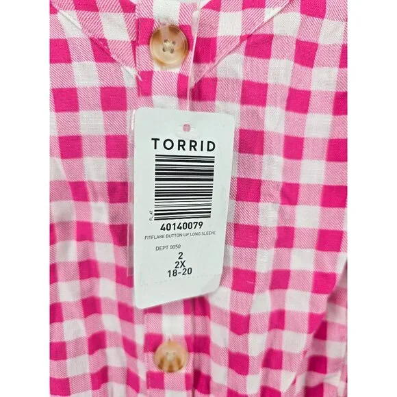 New Torrid Fit & Flare Button Up 3/4 Sleeve Pink Gingham Top Size 2X - Picture 9 of 11